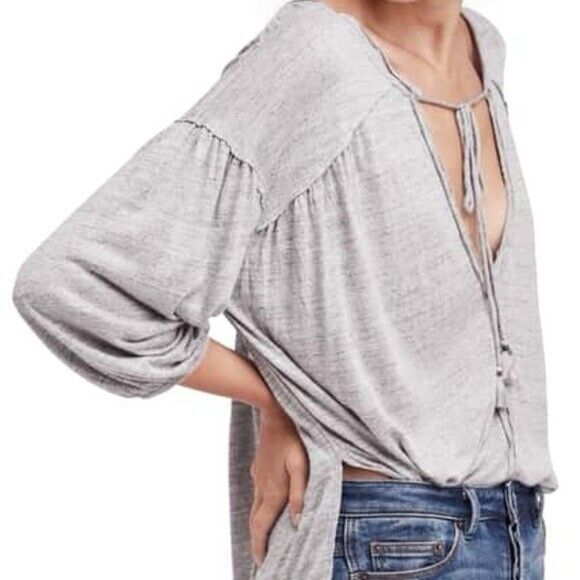 We the Free Linen Blend Boho Top Oversize XS Slouchy Keyhole V Neck Heather Knit - Picture 4 of 13